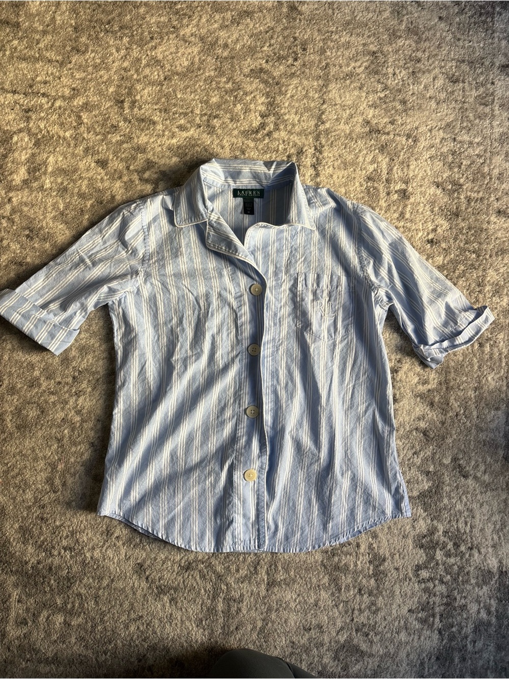 Lauren Ralph Lauren Blue and White Striped Short-Sleeve Button-Down